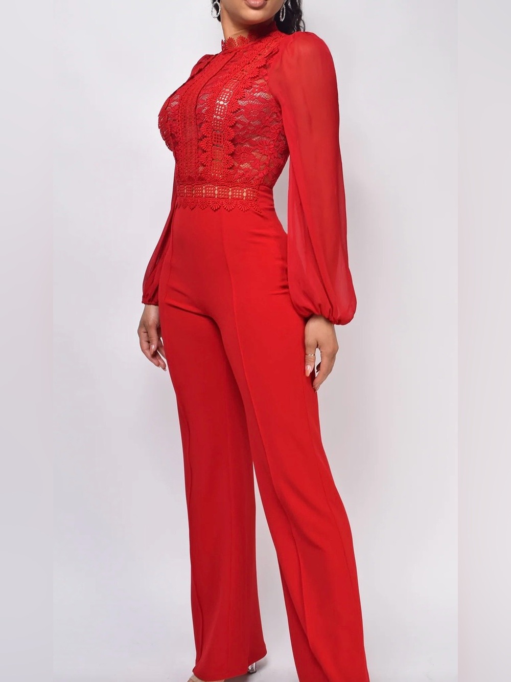 Red Lace Bodice Long-Sleeve Jumpsuit